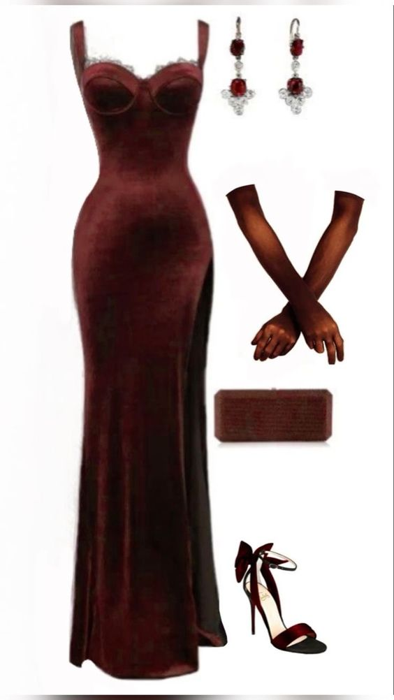 Elegant Burgundy Lace Velvet Long Prom Dress Slit Mermaid Evening Dress With Gloves