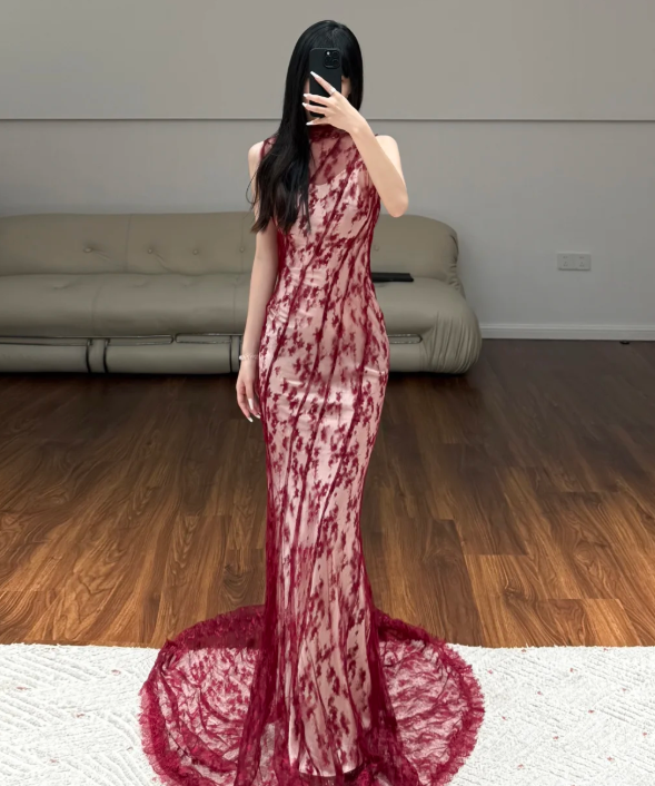 Burgundy Mermaid Prom Party Dress Sexy Evening Dress Birthday Outfit