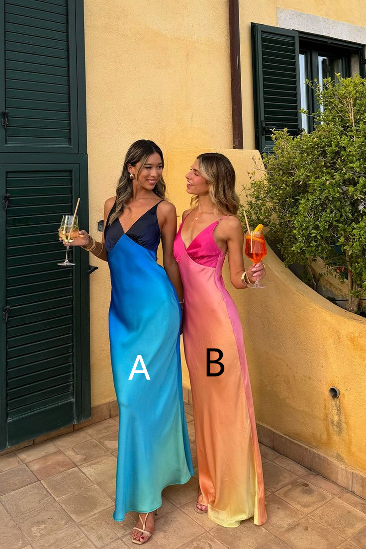 Unique Blue Satin V Neck Long Prom Dress Party Dress