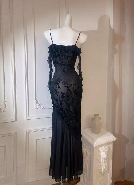 Charming Black Spaghetti Straps Mermaid Evening Dress Long Party Prom Dress