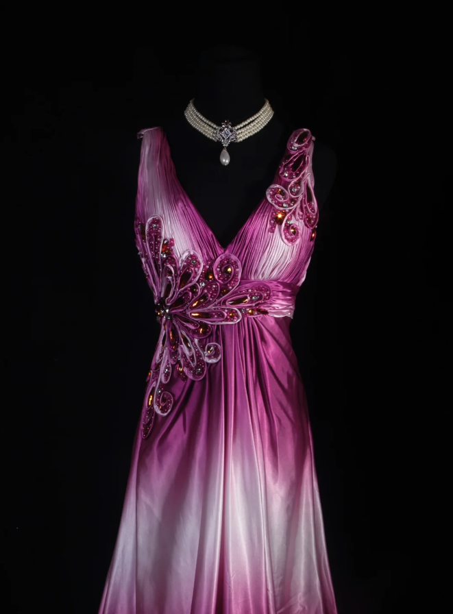 Charming Rose Red Gradient Mermaid Long Party Dress Formal 20th Birthday Dress With Beaded Floral