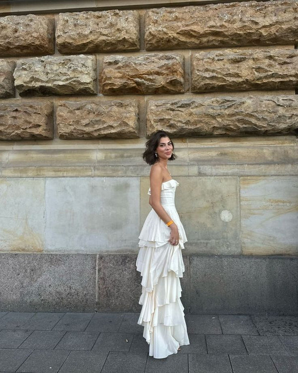 Elegant Ivory Strapless Satin Layered Prom Dress，Formal Wedding Evening Dress