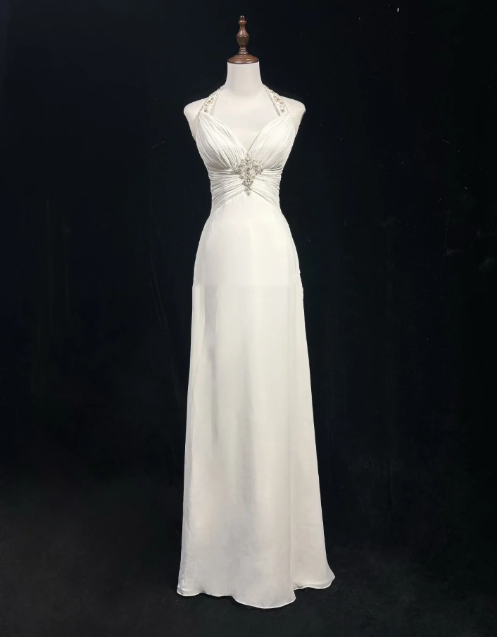 Charming White Halter Chiffon Beaded Long Wedding Guest Dress Formal Birthday Prom Dress Evening Dress