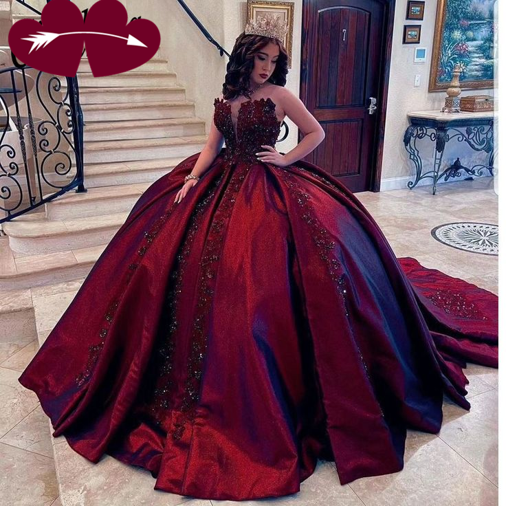 Gorgeous Burgundy Satin Appliques Beaded Quinceanera Dress Vintage Ball Gown