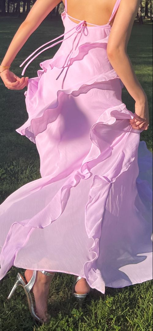 Charming Spaghetti Straps V Neck Pink Chiffon Ruffle Long Wedding Guest Dress Evening Dress