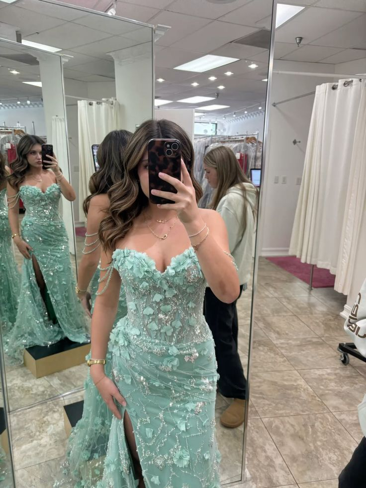 Mint Green Long Prom Dress Flower Lace Long Party Dress
