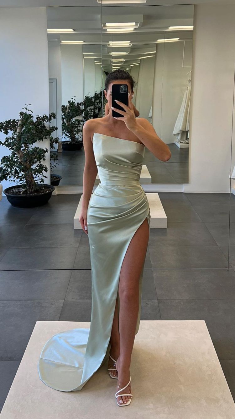 Simple Satin Long Prom Dress With Waist Pleats Elegant Evening Gown