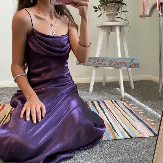 Simple Straps Sleeveless Dark Purple Satin Prom Dress Evening Dress