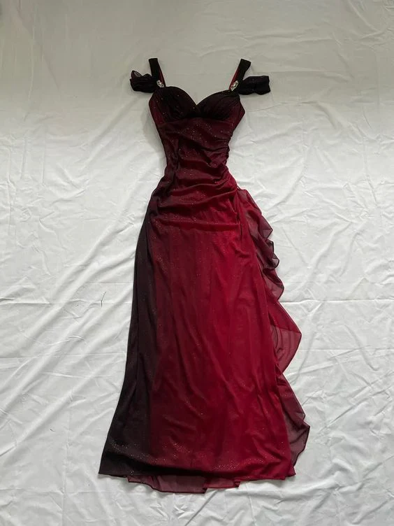 Charming Ombre Red Chiffon A Line Prom Dress Off The Shoulder Evening Dress