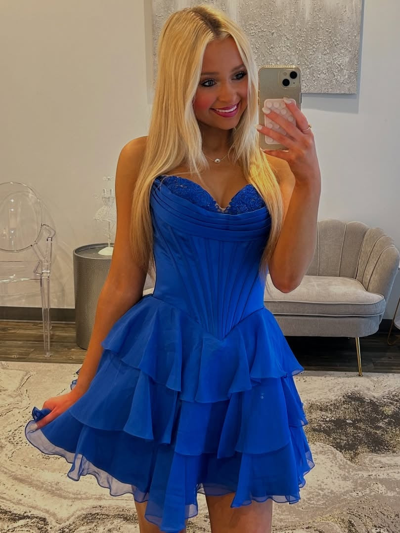 Gorgeous A Line Sweetheart Yellow Corset Homecoming Dress with Appliques Ruffles