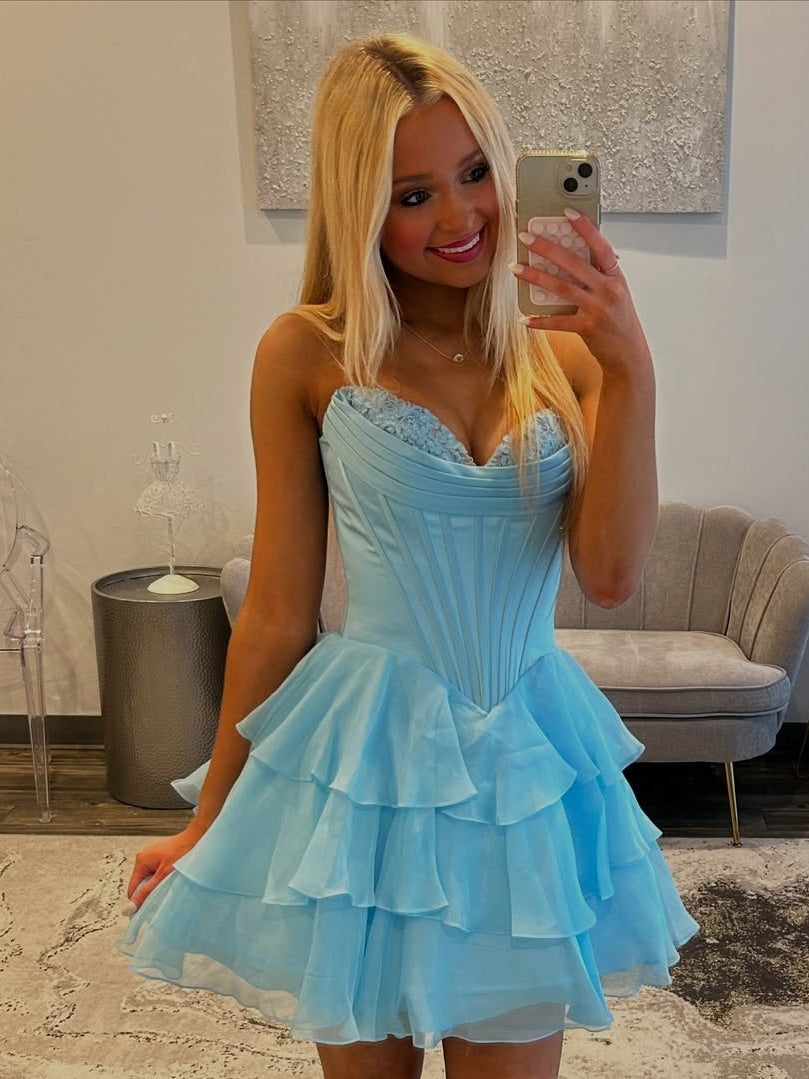 Gorgeous A Line Sweetheart Yellow Corset Homecoming Dress with Appliques Ruffles