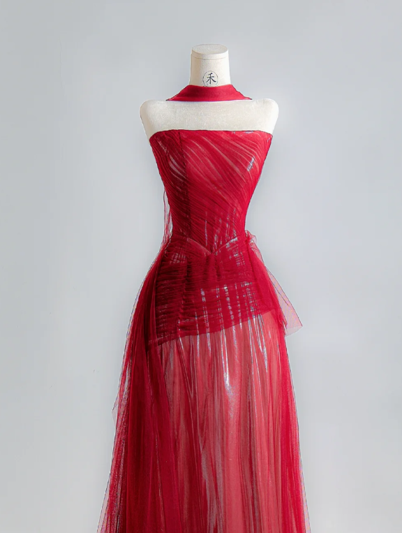 Strapless Red A Line Prom Dress Tulle Birthday Outfit Evening Dress