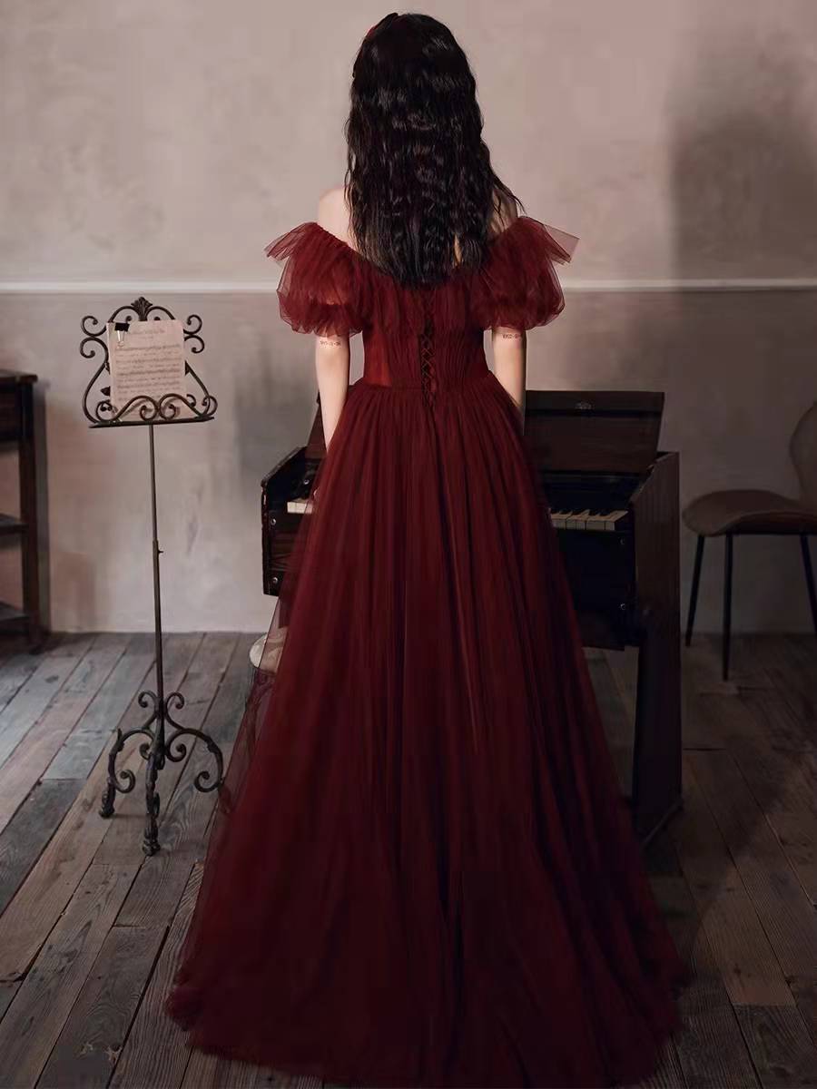 Burgundy tulle long prom gown formal dress