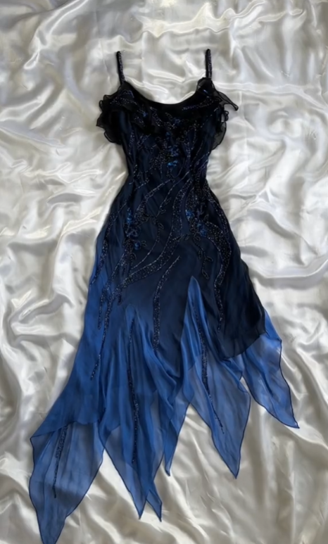 Elegant A Line Spaghetti Straps Navy Blue Chiffon Beads Long Prom Dresses Formal Dress