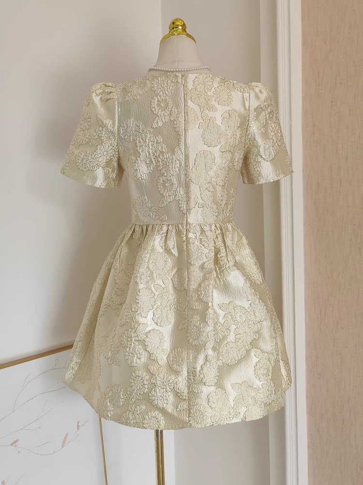 Cute A line Short Sleeves Satin Gold Floral Cocktail Dress Short Birthday Outfits