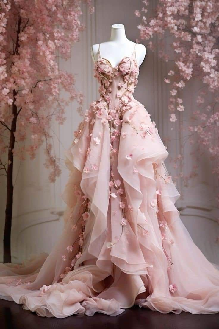 Sweet Pink Tulle Appliques Ball Gown Spaghetti Straps Floral Prom Evening Dress