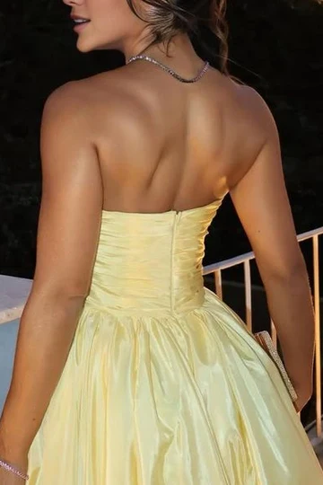 Fashion Strapless Yellow Satin Pleated A Line Long Wedding Guest Dress Evening Dress