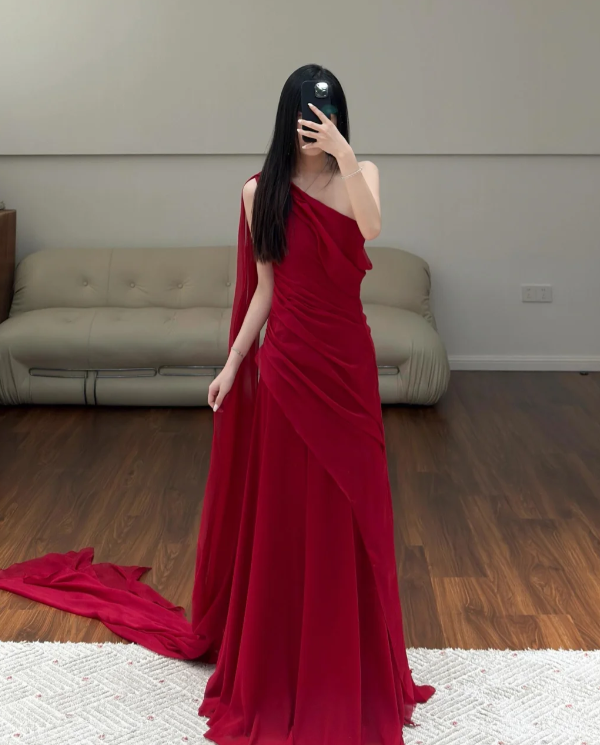 One Shoulder Modest Prom Party Dress Chiffon Evening Dress Birthday Outfit