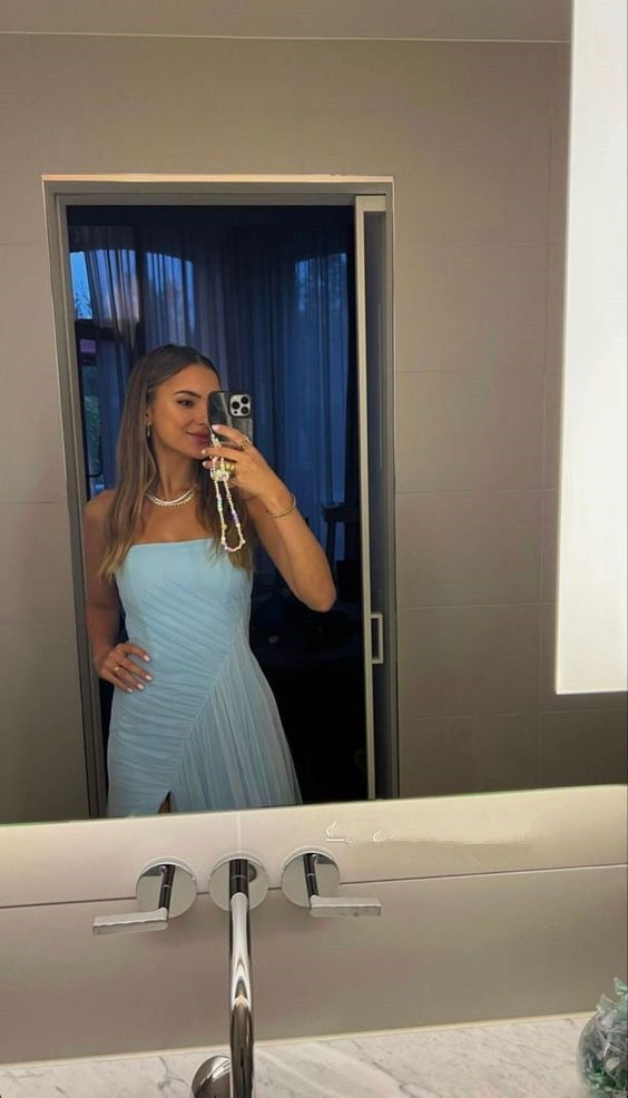 Sexy A Line Long Strapless Light Blue Slit Prom Dresses