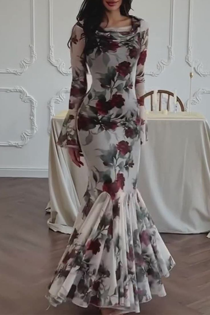 Vintage Mermaid Print Floarl Evening Dress Formal Prom Dress