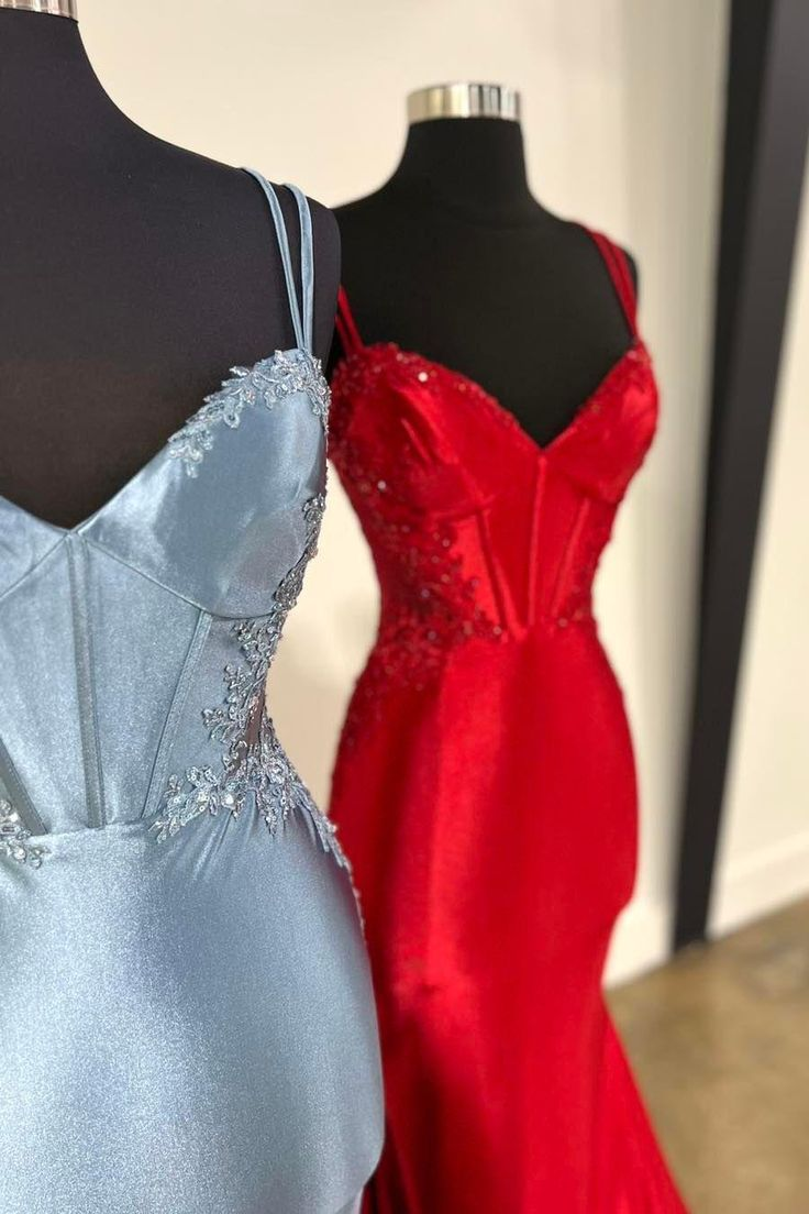Fashion Spaghetti Straps Appliques Beaded Mermaid Evening Dress V Neck Party Gown