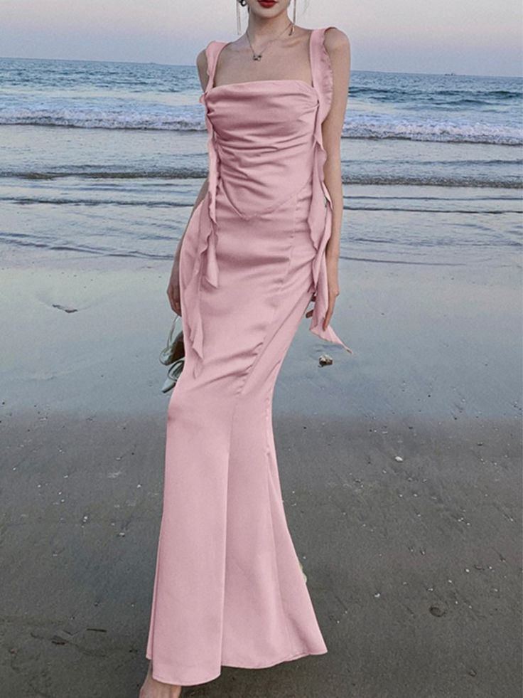 Sweet Pink Mermaid Evening Dress Satin Long Slit Prom Dress