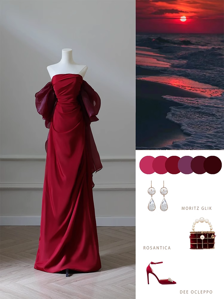 Burgundy Strapless Pleats Prom Dress Elegant Mermaid Evening Dress Wedding Party Dress