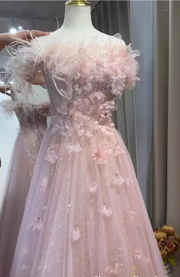 Pink Fairy Feathers Sequins Appliques Evening Dress A Line Formal Ball Gown
