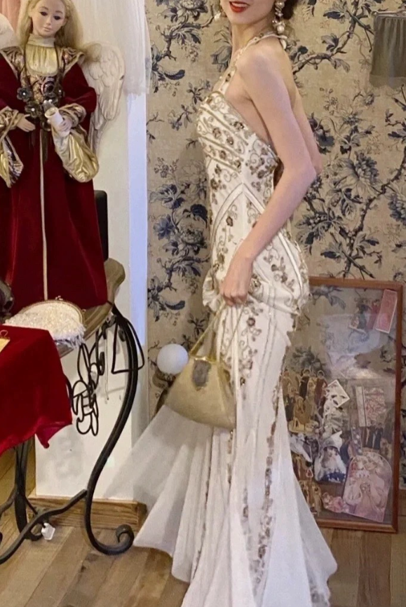 White Mermaid Long Prom Dress Beaded Vintage Evening Dress