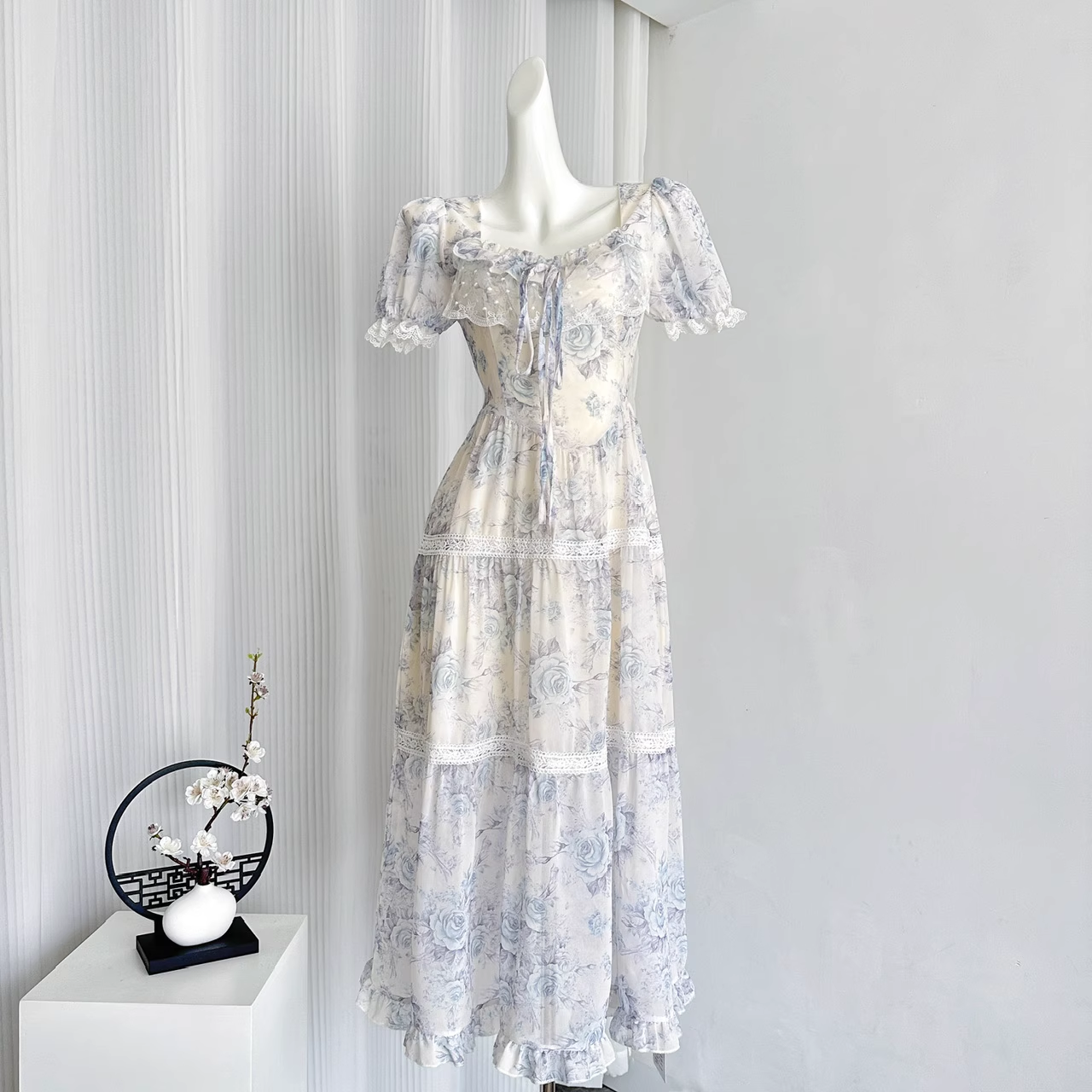 Cute A line Strapless Short Sleeves Blue Floral Dress Long Holiday Dresses