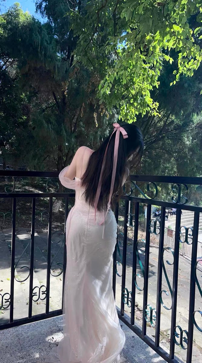 Vintage Mermaid Straps Pink Tulle Long Prom Dress