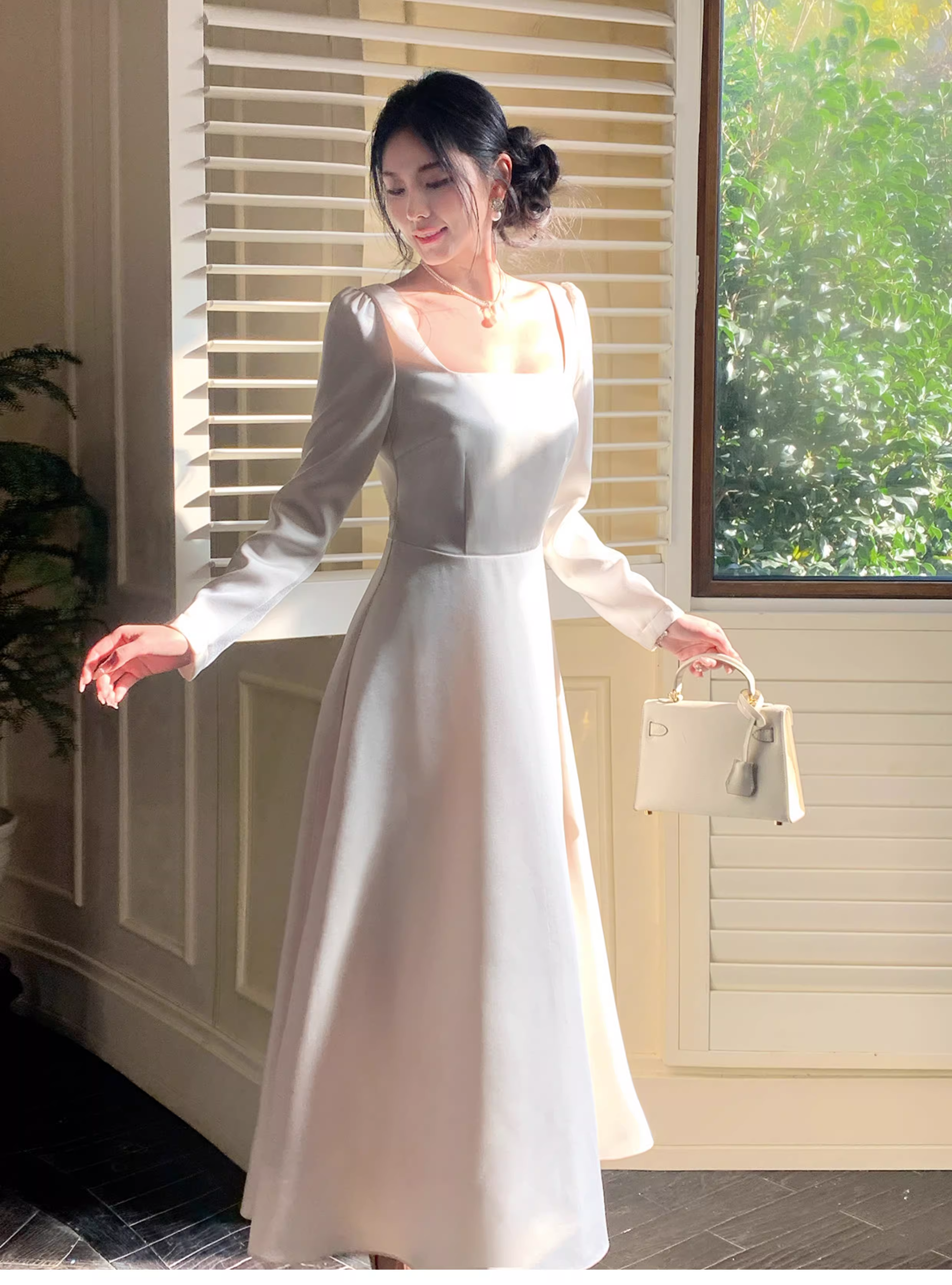 Elegant Square White Satin A Line Long Party Dress Evening Dress