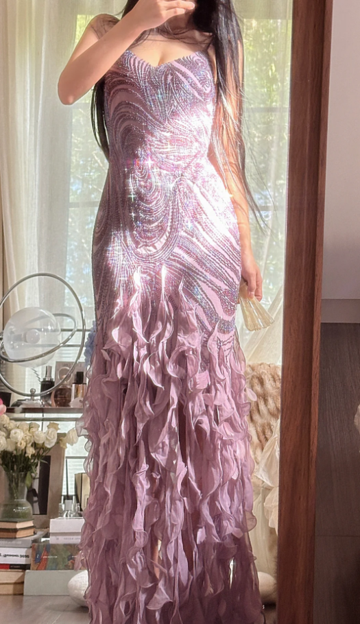 Vintage Purple Spaghetti Straps Chiffon Beaded Ruffles Mermaid Long Party Dress Birthday Prom Dress