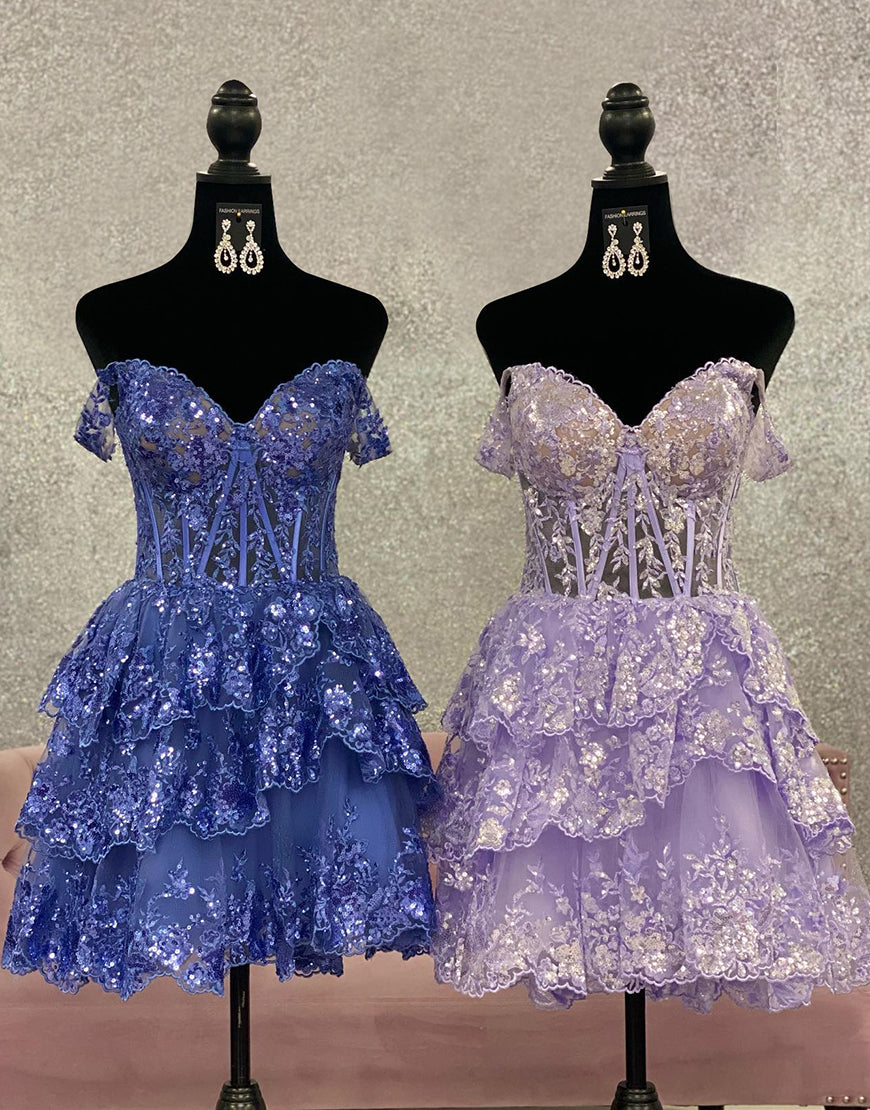 Stunning A-Line Off The Shoulder Tiered Glitter Homecoming Dress With Appliques