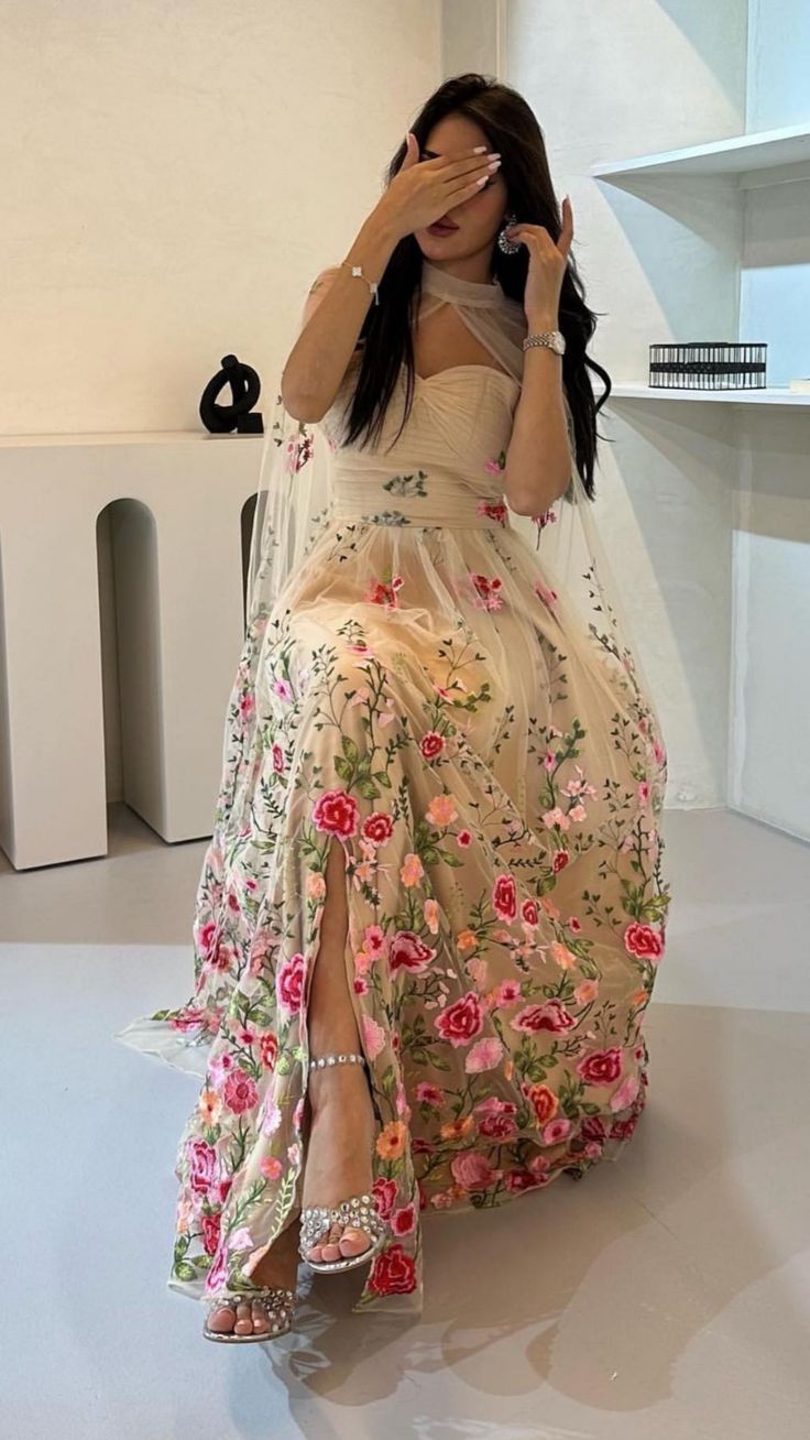 A-line Tulle Floral Long Prom Dress Unique Evening Dress