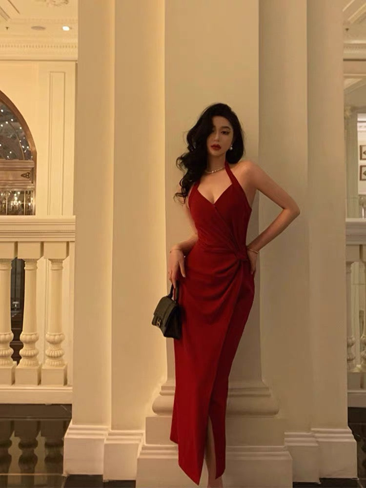 Classy Sheath Halter Red Slit Velvet Prom Dresses Birthday Outfits