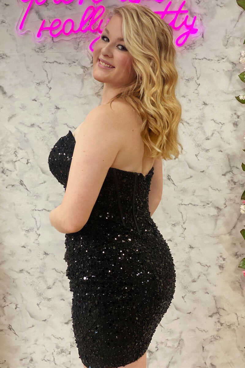 Black Sequin Strapless Tight Mini Homecoming Dress