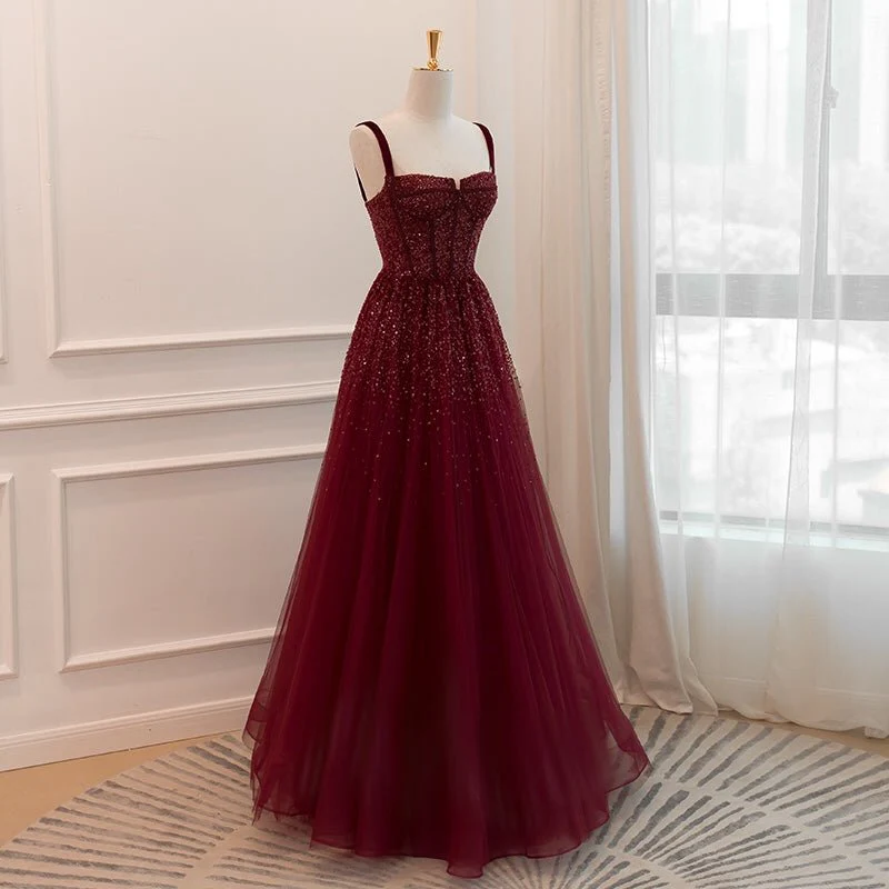 Burgundy Tulle Sequins A Line Ball Gown Glitter Party Evening Dress