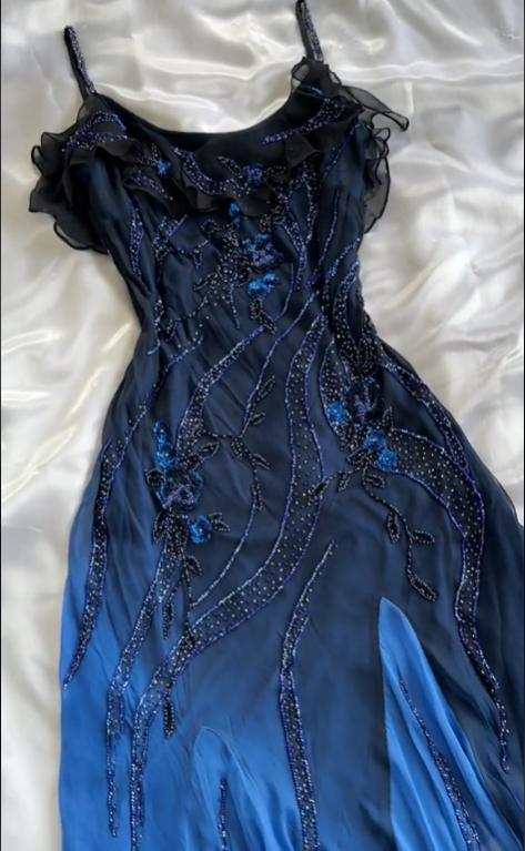 Elegant A Line Spaghetti Straps Navy Blue Chiffon Beads Long Prom Dresses Formal Dress