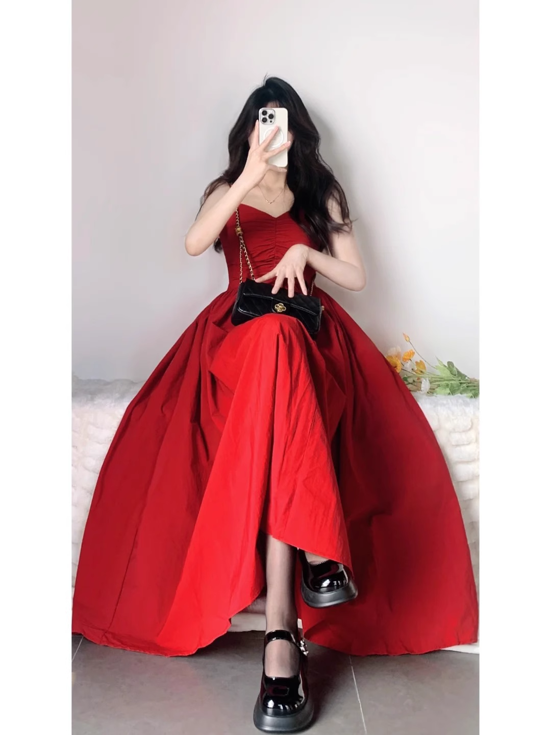 Chic A Line Spaghetti Straps Red Backless Ruffles Long Prom Dresses Birthday Outfits