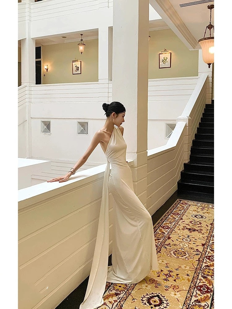 Mermaid One Shoulder Floor-length Sleeveless White Long Prom Dresses