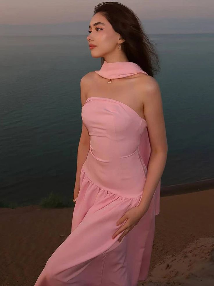 Classy Sleeveless Pink Satin Strapless Long Party Dress Prom Dress With Scarf