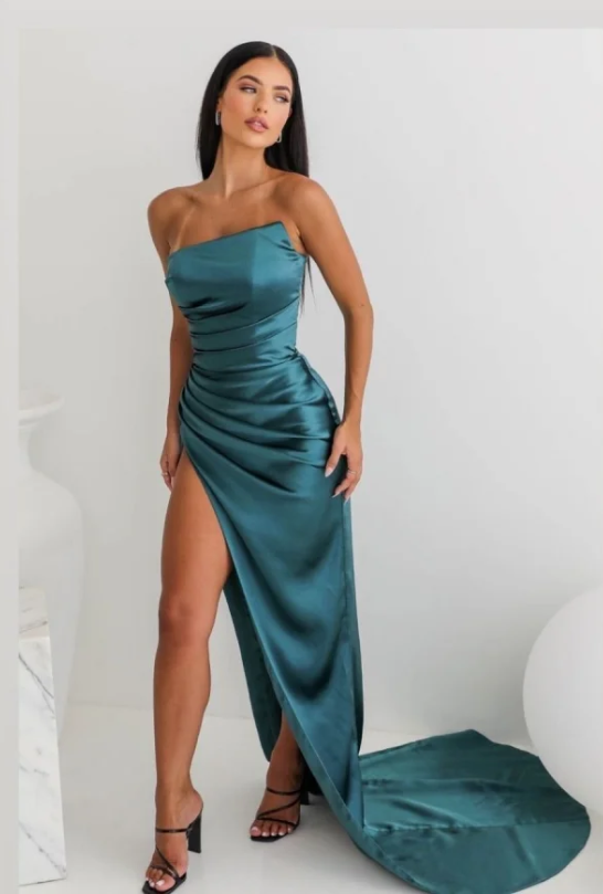 Vintage Sheath Strapless Neckline Slit Satin Long Party Dress Prom Dresses
