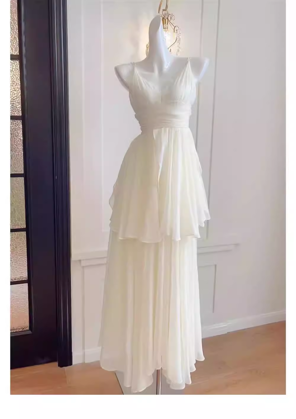 Simple A line Spaghetti Straps White Chiffon Long Ruffles Party Dresses Birthday Dress
