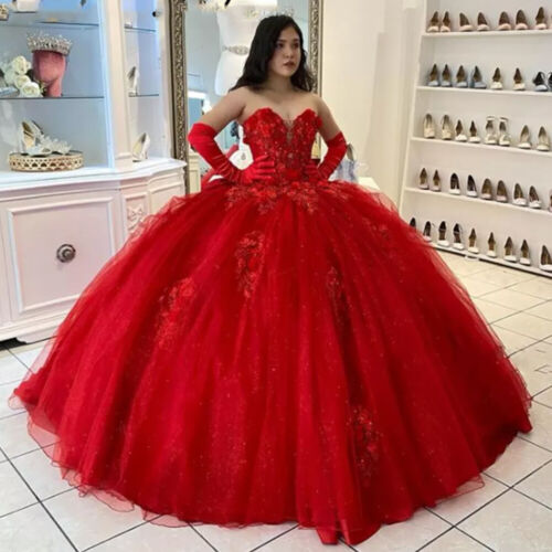 Red Quinceanera Dresses Sweetheart Lace Appliques Sweet 16 Dress Ball Gowns