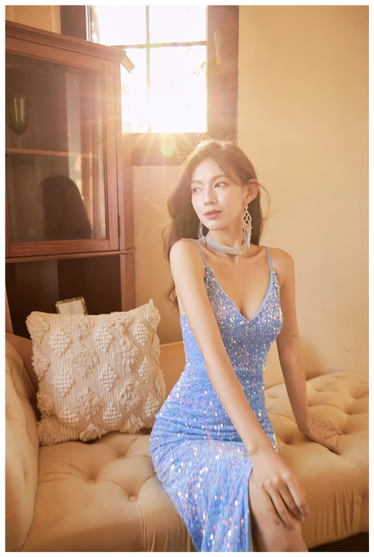 Sparkly Spaghetti Straps V Neck Blue Sequin Mermaid Slit Long Evening Dress Formal Wedding Guest Dress