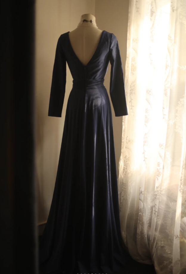 Elegant V Neck Navy Blue Satin Mermaid Long Wedding Guest Dress Formal Birthday Evening Dress