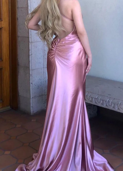 Classy Pink V Neck Satin Pleated Mermaid Long Wedding Guest Dress Backless Evening Dress