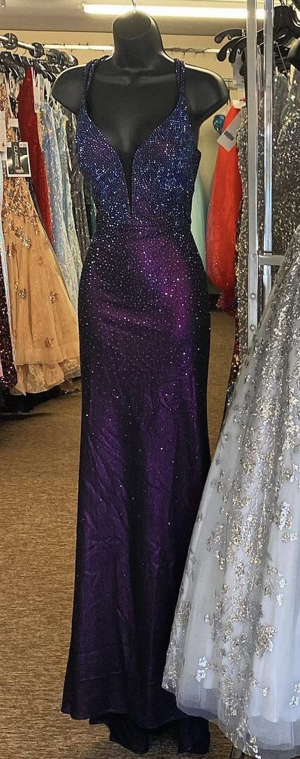 Glitter Spaghetti Straps Purple Satin Beaded Mermaid Party Dress Long Evening Dress