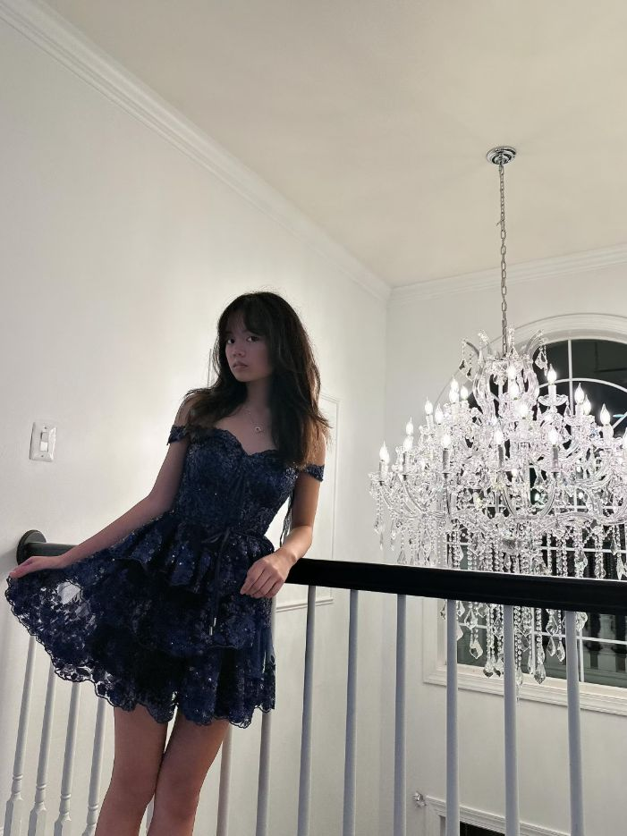 Sexy Off The Shoulder Tulle Lace Layered Homecoming Dress,Navy Blue Short Prom Dress